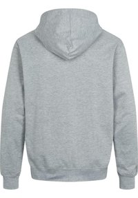 Szara bluza z kapturem wykonana z miękkiego, teksturowanego materiału, z kapturem na sznurki oraz ściągaczami przy mankietach i u dołu; widok z tyłu bez dodatkowych detali.