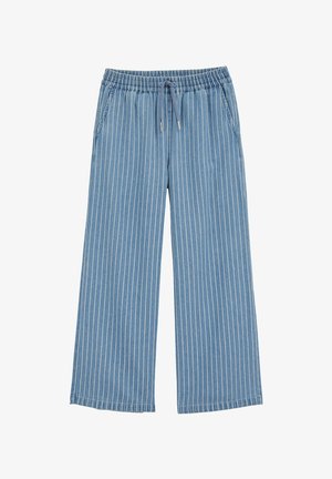 Pantaloni a gamba larga azzurri con righe verticali bianche, fascia elastica in vita, dettaglio con cordoncino e tasche laterali. Tessuto dalla texture morbida.