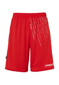 Shorts de sport rouges avec une taille élastique. Présente des accents linéaires blancs d'un côté et le logo "uhlsport" en bas à droite. Fabriqué en matériau léger.