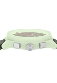 Green silicone watch case, round shape with a gray dial. Features silver-tone buttons and a red second hand. Textured strap.