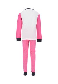 Long-sleeve pajama set with a white top and pink sleeves, paired with pink leggings featuring shiny horizontal stripes and black cuffs.