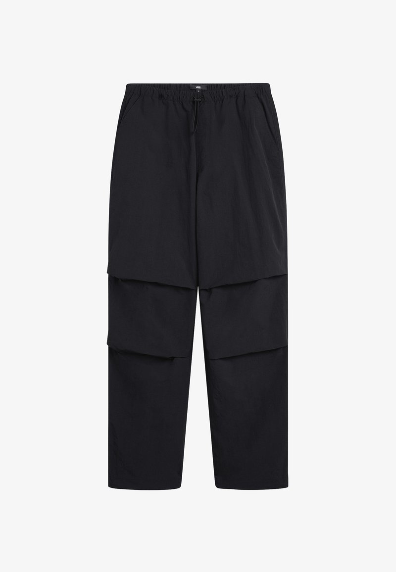 Schwarze Cargo-Hosen aus leichtem Stoff, mit einem elastischen Bund, zwei großen Klappentaschen und einer lockeren Passform.