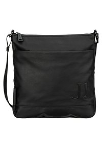 Borsa a tracolla nera realizzata in tessuto testurizzato con un pannello inferiore liscio, caratterizzata da un grande logo in rilievo "J!" e una tracolla regolabile.