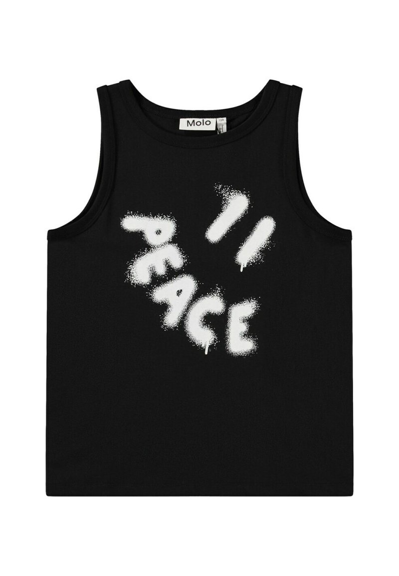 Svart bomullstopp utan ärmar med en texturerad vit "PEACE" grafik i en lekfull sprayfärgsstil. Klassisk design utan ärmar, avslappnad passform.