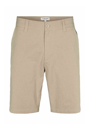 Pantaloni scurți bej pentru bărbați cu dungi verticale subțiri, închidere cu nasturi, bucle pentru curea și etichetă U.S. Polo Assn. în interiorul taliei.