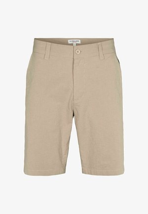 Beigen väriset miesten shortsit, joissa on ohuet pystysuorat raidat, nappisuljenta, vyölenkit ja U.S. Polo Assn. -merkki vyötärönauhassa.
