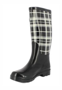 Zwarte rubberen regenlaars met een glanzende afwerking en een geblokt grijs-wit textielpatroon op de bovenste schacht. Getextureerde zool voor grip.