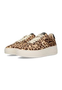 Sneaker mit Leopardenmuster aus beigem Wildleder, cremfarbenen Schnürsenkeln und schwarzen Akzenten an der Ferse. Mit einer massiven weißen gummierten Sohle.