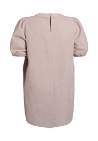 Sukienka z krótkim rękawem w kratkę, z miękkiego beżowego materiału, okrągły dekolt i małe zapięcie z tyłu na guziczek. Posiada bufiaste rękawy.