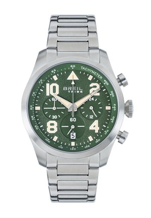 Montre-bracelet pour homme avec cadran vert, bracelet en métal argenté, trois sous-cadrans, échelle tachymétrique, aiguilles lumineuses et affichage de la date à 6 heures.
