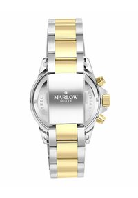 Silberne und goldene Edelstahl-Uhr mit einem markanten runden Gehäuse, verlinktem Armband und zweifarbiger Oberfläche. Verfügt über eine strukturierte Krone und Druckknöpfe.