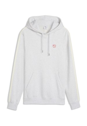 Sweat à capuche gris clair avec poche frontale, cordons de serrage, bandes crème sur les manches et petit logo Puma rouge sur la poitrine.