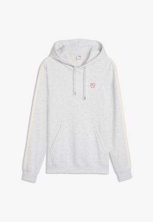 Sweat à capuche gris clair avec poche frontale, cordons de serrage, bandes crème sur les manches et petit logo Puma rouge sur la poitrine.