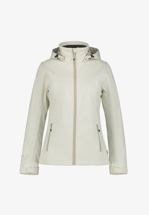 Damen-Softshelljacke in Beige mit Frontreißverschluss, zwei Reißverschlusstaschen, verstellbarer Kapuze und Klettverschlüssen an den Ärmelbündchen, abgebildet vor weißem Hintergrund.