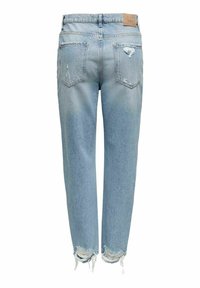 Vaaleansiniset farkut suoralla lahkeensovitteella, joissa on kulutettua yksityiskohtaa, repsottavat reunat ja kaksi takataskua. Nahkainen merkkilappu vyötäröllä.