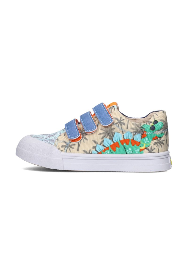 Bunte Kindersneaker mit Dinosaurierdruck, Obermaterial aus Baumwolle, blaue Klettverschlüsse, weiße Gummispitze und strukturierte Sohle.