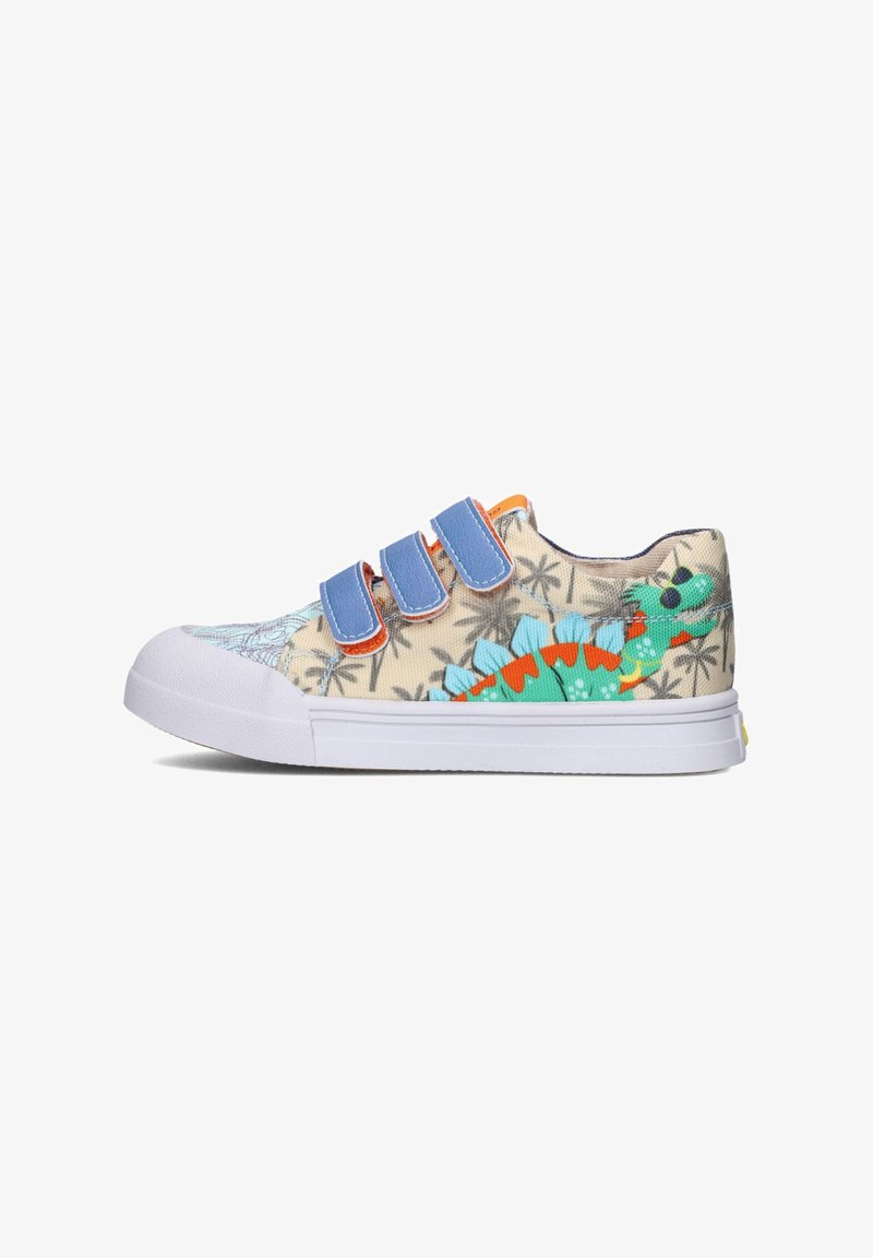 Bunte Kindersneaker mit Dinosaurierdruck, Obermaterial aus Baumwolle, blaue Klettverschlüsse, weiße Gummispitze und strukturierte Sohle.