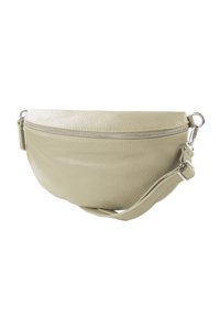 Leren crossbodytas in lichtgroen, afgeronde vorm, met een zilveren rits en verstelbare band, met een gestructureerd oppervlak.