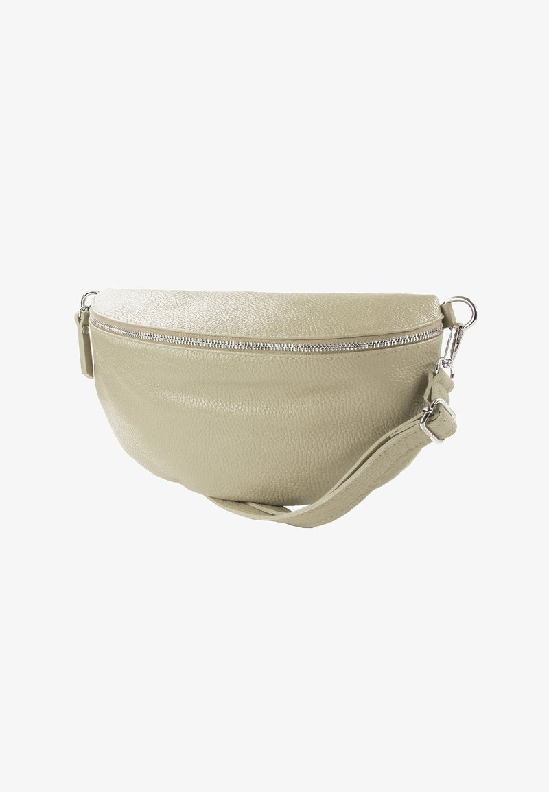 Sac bandoulière en cuir vert clair, de forme arrondie, doté d'une fermeture éclair argentée et d'une sangle réglable, avec une surface texturée.