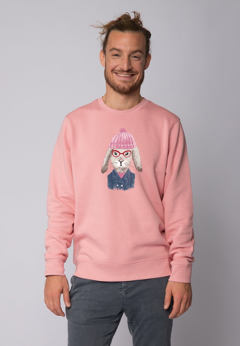 Rosa Sweatshirt aus Baumwolle mit Rundhalsausschnitt und langen Ärmeln, mit einem Grafikdruck von einem Hasen, der eine Brille und eine Mütze trägt.