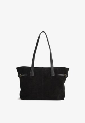 Schwarze Wildleder-Shopper-Tasche mit Lederakzenten, rechteckiger Form, zwei Schulterriemen und flachem Boden. Verfügt über dezente Nähte entlang der Nähte.