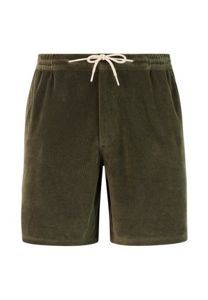 Olivgrüne Shorts aus Frottee mit einem Tunnelzugsbund, die eine glatte Textur und eine lässige Passform aufweisen. Einfaches Design, ohne Taschen.