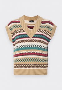 Suéter de punto de manga corta con escote en V, rayas estampadas multicolores y base beige. Tela texturizada con bajo acanalado.