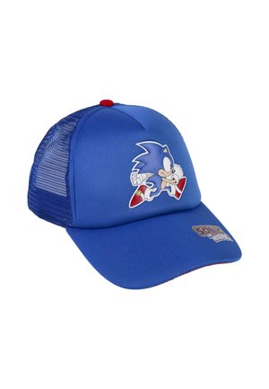 Blaues Mesh-Baseballcap mit einem laufenden Sonic the Hedgehog-Grafik auf der Vorderseite und dem Sonic the Hedgehog-Logo auf dem Schild.