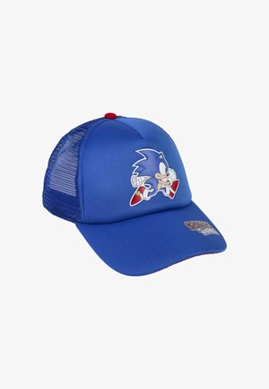 Cappello da baseball in rete blu con grafica di Sonic the Hedgehog che corre sul pannello frontale e logo di Sonic the Hedgehog sulla visiera.