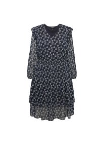 Vestido floral azul marino con mangas largas translúcidas, escote en V y acentos con volantes. Cuenta con un diseño en capas y una cintura ajustada.