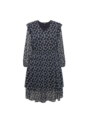 Robe fleurie navy avec des manches longues transparentes, décolleté en V et accents froncés. Elle présente un design à volants et une taille cintrée.