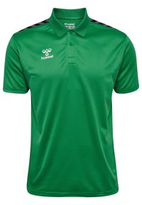 Grøn polo-shirt lavet af glat stof, med krave med to knapper, sorte accentstriber på skuldrene og logo trykt på brystet.