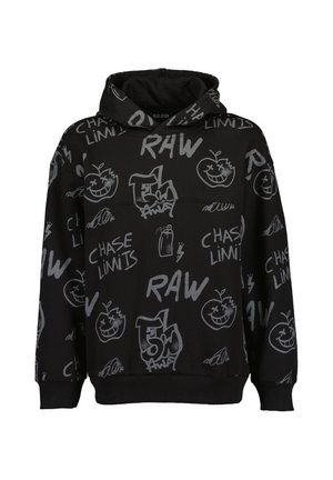 Schwarzer Kapuzenpullover mit grauem Graffiti-Schriftzug „RAW“, „CHASE LIMITS“, Comic-Äpfeln und verschiedenen Kritzeleien überall.