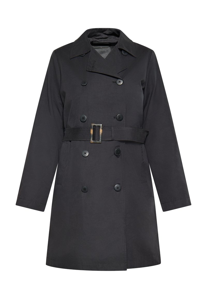 Schwarzer Trenchcoat aus Stoff mit doppelter Knopfverschluss, großen Knöpfen, einem Gürtel mit quadratischer Schnalle und Seitentaschen.