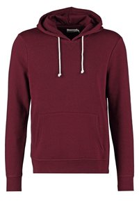 Felpa con cappuccio color marrone scuro con lacci bianchi, tasca a marsupio frontale, maniche lunghe e polsini e orlo a coste.