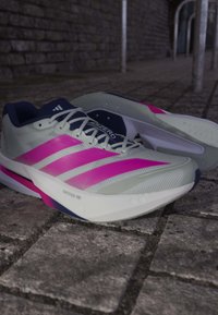 Paire de chaussures de course Adidas grises et roses sur un pavé en pierre près d'un mur en pierre avec des poteaux métalliques en arrière-plan.