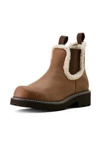 Braune Leder-Stiefelette mit einem plüschigen cremefarbigen Schaft, strukturiertem Sole und kontrastierenden Nähten, ausgestattet mit zwei Ziehen an den Seiten.