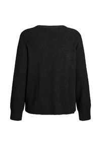 Črni pulover z mehko, teksturno površino. Ima sproščen kroj, spuščena ramena in okrogel izrez. Prikazan zadnji pogled.