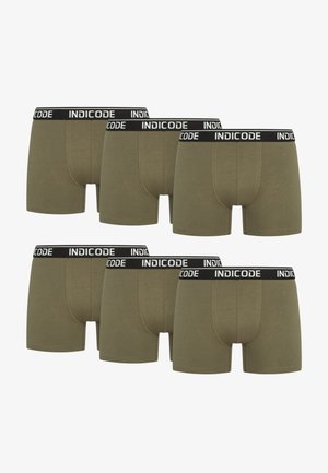 Hat párba szedve hat olíva zöld boxer alsó, fekete derékpánttal, amelyen fehér színű "INDICODE" szöveg található. Puha anyag, testhez simuló fazon.