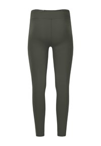 Mørkegrønne leggings med høj talje og en lille lynlåslomme på linningen, vist mod en hvid baggrund.