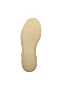 Schuhsohle mit einer durchsichtigen Gummibasis und einem Zickzack-Profil, hauptsächlich hellbeige mit leichtem Glanz.