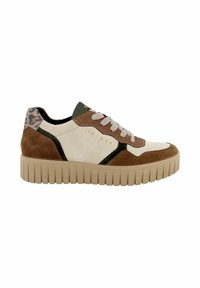 Sneaker con tomaia in suede e tessuto beige, dettagli marroni e verdi, tallone con stampa leopardata e suola in gomma rigata color beige. Chiusura con lacci classica.