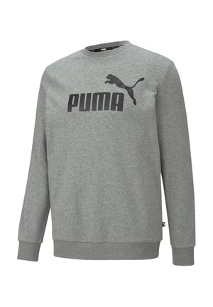 Grauer Sweatshirt mit langen Ärmeln, gerippten Bündchen und Rundhalsausschnitt. Enthält schwarzes "PUMA"-Logo und Silhouette auf der Vorderseite.