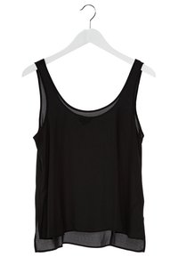 Canottiera nera senza maniche con una vestibilità ampia, realizzata in tessuto leggero e trasparente. Presenta un collo rotondo e un orlo curvo. Appesa a un appendiabiti bianco.