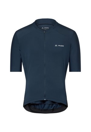 Marineblauw fietsshirt met korte mouwen, voorrits en Vaude-logo op de linkerborst en binnen in de kraag.