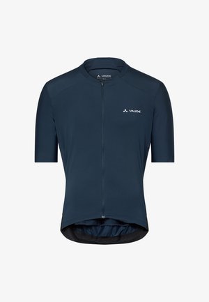 Maillot de cyclisme bleu marine à manches courtes avec fermeture éclair à l'avant et logo Vaude sur la poitrine gauche et à l'intérieur du col.