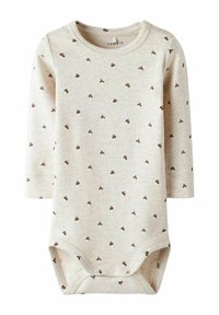 Długi rękaw bodziak dla niemowląt wykonany z beżowej bawełny, z małymi brązowymi wzorami florystycznymi i zatrzaskami na dole.