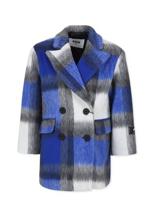 Cappotto doppiopetto in un motivo a quadretti blu, bianco e grigio. Realizzato in materiale morbido, presenta due tasche frontali e bottoni neri.