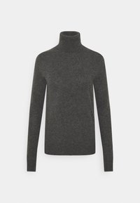 Pull gris foncé à col roulé et manches longues avec une silhouette ajustée, présenté sur un fond blanc uni.