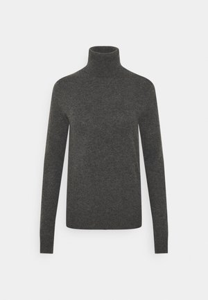 Pull gris foncé à col roulé et manches longues avec une silhouette ajustée, présenté sur un fond blanc uni.